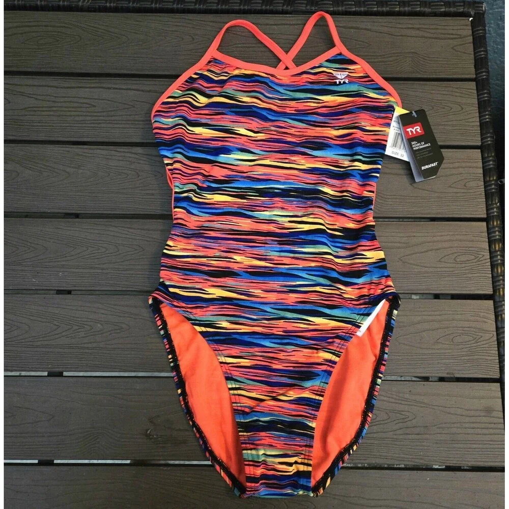 TYR DuraFast One Bonzai Crosscut Tieback 1 pc Swimsuit Orange Multi Size 34 NEW